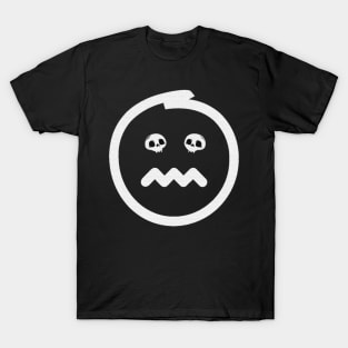 Angry emoji with skulls as eyes. Textured sad emoji face in white color on black background. T-Shirt